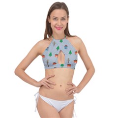 House Trees Pattern Background Cross Front Halter Bikini Top by Maspions