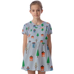 House Trees Pattern Background Kids  Short Sleeve Pinafore Style Dress
