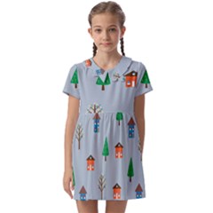 House Trees Pattern Background Kids  Asymmetric Collar Dress