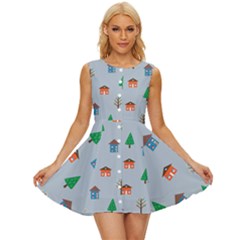 House Trees Pattern Background Sleeveless Button Up Dress