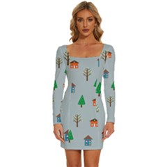 House Trees Pattern Background Long Sleeve Square Neck Bodycon Velvet Dress