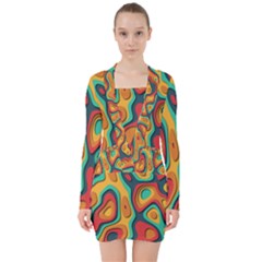 Paper Cut Abstract Pattern V-neck Bodycon Long Sleeve Dress