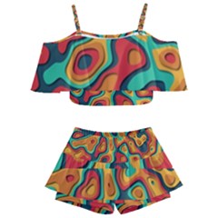 Paper Cut Abstract Pattern Kids  Off Shoulder Skirt Bikini