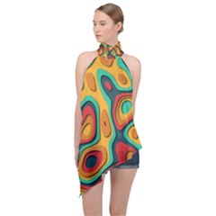 Paper Cut Abstract Pattern Halter Asymmetric Satin Top