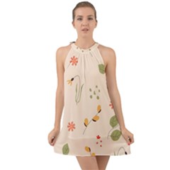 Spring Art Floral Pattern Design Halter Tie Back Chiffon Dress