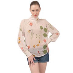 Spring Art Floral Pattern Design High Neck Long Sleeve Chiffon Top