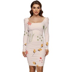 Spring Art Floral Pattern Design Women Long Sleeve Ruched Stretch Jersey Dress