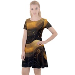 Abstract Gold Wave Background Cap Sleeve Velour Dress 