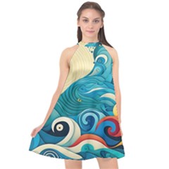 Waves Wave Ocean Sea Abstract Whimsical Halter Neckline Chiffon Dress 