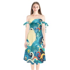 Waves Wave Ocean Sea Abstract Whimsical Shoulder Tie Bardot Midi Dress