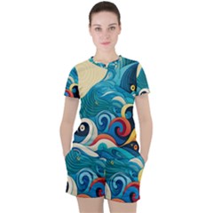 Waves Wave Ocean Sea Abstract Whimsical Women s T-shirt And Shorts Set