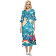 Waves Wave Ocean Sea Abstract Whimsical Double Cuff Midi Dress