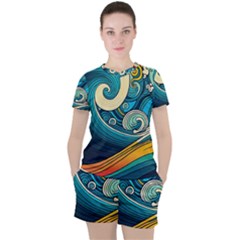Waves Ocean Sea Abstract Whimsical Art Women s T-shirt And Shorts Set