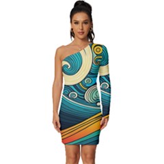 Waves Ocean Sea Abstract Whimsical Art Long Sleeve One Shoulder Mini Dress