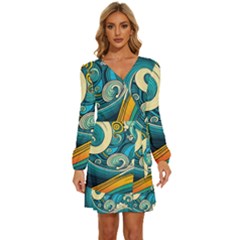 Waves Ocean Sea Abstract Whimsical Art Long Sleeve Waist Tie Ruffle Velvet Dress