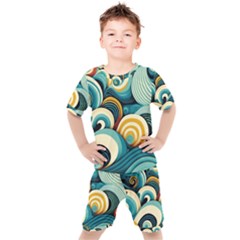 Wave Waves Ocean Sea Abstract Whimsical Kids  T-shirt And Shorts Set