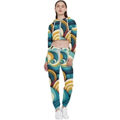 Wave Waves Ocean Sea Abstract Whimsical Cropped Zip Up Lounge Set
