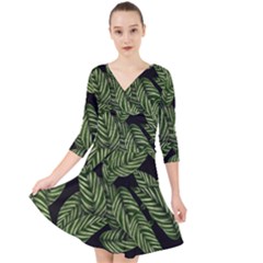 Background Pattern Leaves Texture Quarter Sleeve Front Wrap Dress
