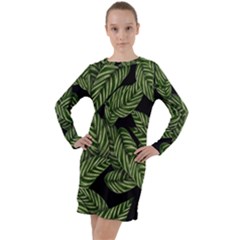 Background Pattern Leaves Texture Long Sleeve Hoodie Dress