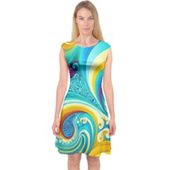 Abstract Waves Ocean Sea Whimsical Capsleeve Midi Dress