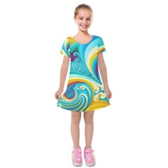 Abstract Waves Ocean Sea Whimsical Kids  Short Sleeve Velvet Dress