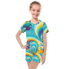 Abstract Waves Ocean Sea Whimsical Kids  Mesh T-shirt And Shorts Set