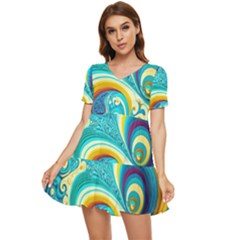 Abstract Waves Ocean Sea Whimsical Tiered Short Sleeve Babydoll Dress