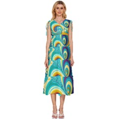 Abstract Waves Ocean Sea Whimsical V-neck Drawstring Shoulder Sleeveless Maxi Dress