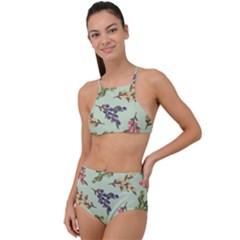 Berries Flowers Pattern Print Halter Tankini Set