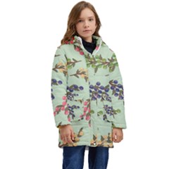 Berries Flowers Pattern Print Kids  Hooded Longline Puffer Jacket by Maspions