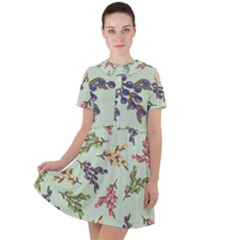 Berries Flowers Pattern Print Short Sleeve Shoulder Cut Out Dress 