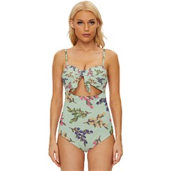 Berries Flowers Pattern Print Knot Front One-piece Swimsuit