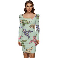 Berries Flowers Pattern Print Women Long Sleeve Ruched Stretch Jersey Dress