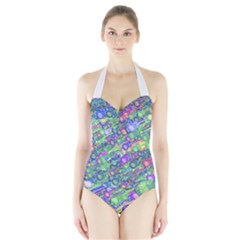 Sktechy Style Guitar Drawing Motif Colorful Random Pattern Wb Halter Swimsuit