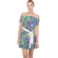 Sktechy Style Guitar Drawing Motif Colorful Random Pattern Wb Off Shoulder Chiffon Dress