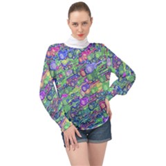 Sktechy Style Guitar Drawing Motif Colorful Random Pattern Wb High Neck Long Sleeve Chiffon Top