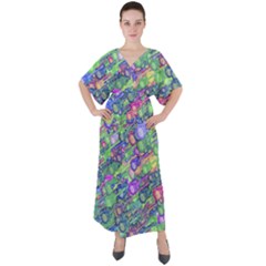 Sktechy Style Guitar Drawing Motif Colorful Random Pattern Wb V-neck Boho Style Maxi Dress by dflcprintsclothing