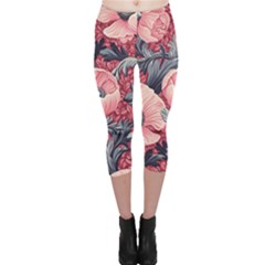 Vintage Floral Poppies Capri Leggings 