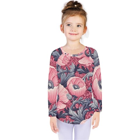 Vintage Floral Poppies Kids  Long Sleeve T-shirt by Grandong