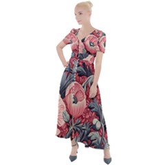 Vintage Floral Poppies Button Up Short Sleeve Maxi Dress