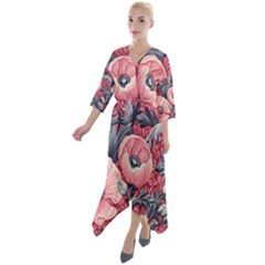 Vintage Floral Poppies Quarter Sleeve Wrap Front Maxi Dress