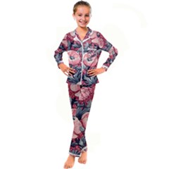 Vintage Floral Poppies Kids  Satin Long Sleeve Pajamas Set