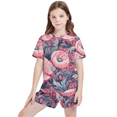 Vintage Floral Poppies Kids  T-shirt And Sports Shorts Set