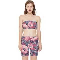 Vintage Floral Poppies Stretch Shorts And Tube Top Set