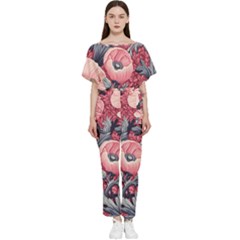 Vintage Floral Poppies Batwing Lightweight Chiffon Jumpsuit