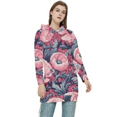 Vintage Floral Poppies Women s Long Oversized Pullover Hoodie