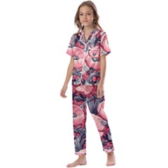 Vintage Floral Poppies Kids  Satin Short Sleeve Pajamas Set