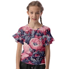 Vintage Floral Poppies Kids  Cut Out Flutter Sleeves