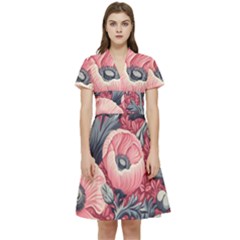 Vintage Floral Poppies Short Sleeve Waist Detail Dress