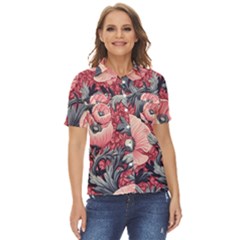 Vintage Floral Poppies Women s Short Sleeve Double Pocket Shirt